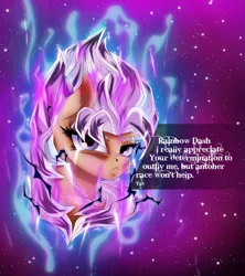 Size: 3085x3474 | Tagged: artist:dimidiummorsumbra, aura, crossover, derpibooru import, dialogue, dragon ball super, ear fluff, fluttershy, head, mastered ultra instinct, safe, ultra instinct, yay