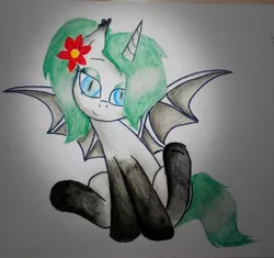 Size: 2302x2160 | Tagged: artist needed, safe, derpibooru import, oc, oc:princess margarita, unofficial characters only, alicorn, bat pony, bat pony alicorn, alicorn oc, drawing, female, flower, flower in hair, gradient hooves, looking at you, slit eyes, solo, traditional art