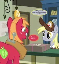 Size: 660x720 | Tagged: big macintosh, cropped, derpibooru import, derpy hooves, edit, edited screencap, hat, horse collar, implied sugar belle, mailmare hat, parcel, post office, safe, screencap, speech bubble, text, the break up breakdown