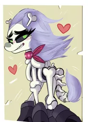 Size: 1024x1405 | Tagged: anatomically incorrect, artist:klondike, blushing, bone, boots, derpibooru import, eyelashes, female, heart, incorrect leg anatomy, looking at you, looking back, looking back at you, mare, safe, shoes, skeleton, skeleton pony, skellinore, smiling, solo, that was fast, the break up breakdown