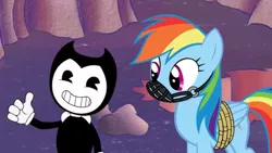 Size: 1136x640 | Tagged: artist:toucanldm, bendy, bendy and the ink machine, bound wings, crossover, cuphead, cuphead meets mlp, derpibooru import, gag, hole, muzzle, muzzle gag, rainbond dash, rainbow dash, ropes, safe, screenshots, smiley face, thumbs up, tied, tied up, underworld, youtube link