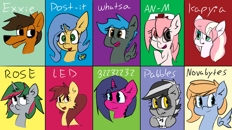 Size: 5120x2880 | Tagged: safe, artist:exxie, derpibooru import, oc, oc:bandy cyoot, oc:exxie, oc:fizzy pop, oc:jade shine, oc:led, oc:nova, oc:pink moon, oc:posty, oc:rose, oc:setna, unofficial characters only, earth pony, pegasus, pony, unicorn, bust, female, furry, heterochromia, mare