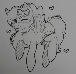 Size: 1346x1312 | Tagged: safe, artist:adostume, derpibooru import, oc, unofficial characters only, pegasus, pony, blushing, bow, bowtie, clothes, hair bow, heart, one eye closed, raspberry, smiling, solo, stockings, thigh highs, tongue out, traditional art, wink