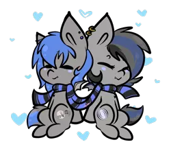 Size: 1000x879 | Tagged: safe, artist:ashee, derpibooru import, oc, oc:moonslurps, oc:nightglider, unofficial characters only, bat pony, blushing, brother and sister, clothes, cute, ear piercing, earring, eyes closed, female, heart, jewelry, male, piercing, scarf, shared clothing, shared scarf, simple background, transparent background