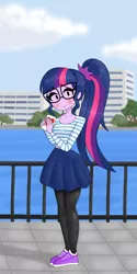 Size: 1260x2520 | Tagged: safe, artist:iyoungsavage, derpibooru import, sci-twi, twilight sparkle, equestria girls, blushing, card, clothes, cute, dot eyes, female, glasses, looking at you, pantyhose, park, ponytail, shoes, skirt, smiling, sneakers, solo, twiabetes, water