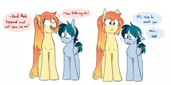 Size: 1280x641 | Tagged: safe, artist:redxbacon, derpibooru import, oc, oc:delta vee, oc:sunny lane, oc:trash, unofficial characters only, earth pony, pegasus, pony, dialogue, female, grammar error, lesbian, looking at you, mare, nervous, oc x oc, shipping, simple background, smiling, sweat, trashvee, white background
