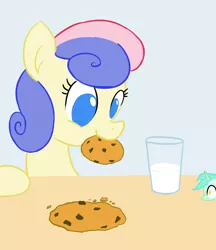 Size: 1400x1618 | Tagged: safe, artist:tiny-little-lyra, derpibooru import, bon bon, lyra heartstrings, sweetie drops, earth pony, pony, unicorn, adorabon, cookie, cute, duo, female, food, glass, looking at something, mare, micro, milk, mouth hold, smiling, table