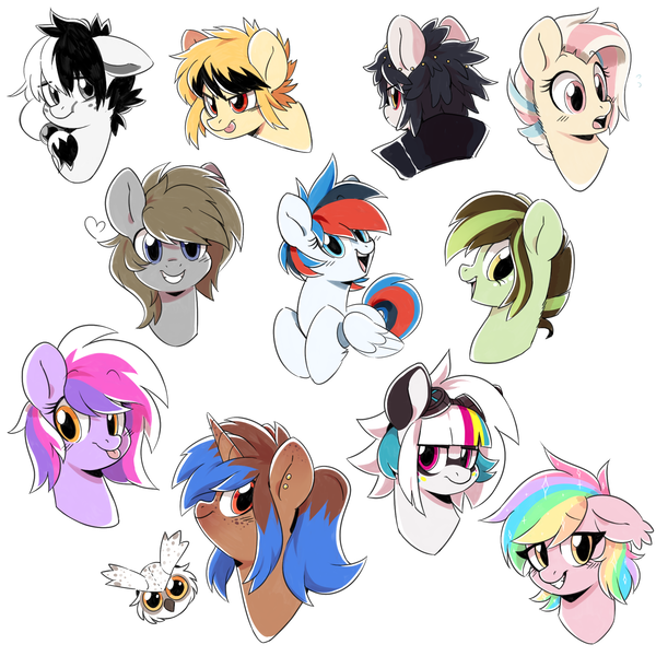 Size: 2000x2000 | Tagged: safe, artist:oxy-diamond, derpibooru import, oc, oc:akane, oc:digital dusk, oc:heart sketch, oc:paper stars, oc:retro city, oc:sketchbook wonder, unofficial characters only, bat pony, pegasus, pony, unicorn, bat pony oc, bust, ear piercing, female, floppy ears, freckles, goggles, heart, mare, piercing, simple background, sketch, sketch dump, smiling, tongue out, white background