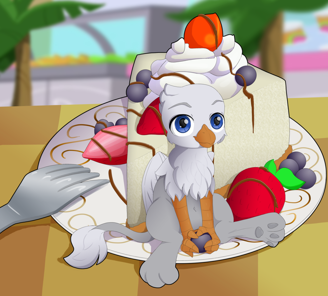Size: 960x869 | Tagged: safe, artist:ohohokapi, deleted from derpibooru, derpibooru import, oc, oc:der, unofficial characters only, gryphon, blueberry, cake, cheesecake, cute, food, fork, micro, paws, solo, strawberry, underpaw