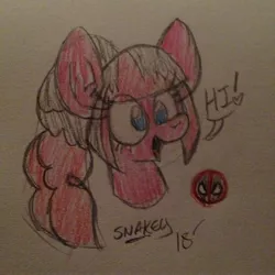 Size: 2448x2448 | Tagged: artist:snakeythingy, deadpool, deadpool 2, derpibooru import, marvel, pinkie pie, safe, sketch, spoilers for another series, traditional art, x-men, yukio