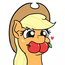 Size: 1280x1280 | Tagged: safe, artist:mkogwheel, derpibooru import, applejack, earth pony, pony, apple, birthday gift, bust, cowboy hat, cute, female, floating heart, food, hat, heart, jackabetes, mare, mouth hold, portrait, silly, silly pony, simple background, solo, that pony sure does love apples, white background, who's a silly pony