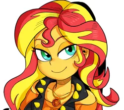 Size: 698x620 | Tagged: safe, artist:nekubi, derpibooru import, sunset shimmer, equestria girls, equestria girls series, bedroom eyes, clothes, cropped, female, geode of empathy, jewelry, looking at you, magical geodes, necklace, simple background, smiling, smirk, solo, white background