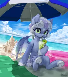 Size: 2000x2276 | Tagged: safe, artist:graypillow, derpibooru import, oc, oc:dream scape, unofficial characters only, bat pony, pony, bat pony oc, beach, beach umbrella, cloud, colored hooves, commission, cutie mark, drink, drinking, female, frog (hoof), lime, looking at you, mare, ocean, sand, sand castle, sky, straw, umbrella, underhoof, ych result
