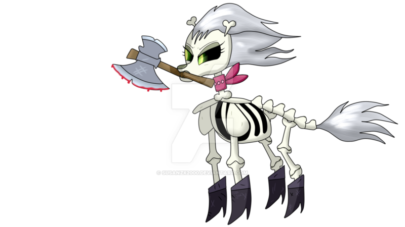 Size: 1024x576 | Tagged: artist:susanzx2000, axe, bandana, blood, bone, boots, derpibooru import, frown, glare, glowing eyes, mouth hold, safe, shoes, simple background, skeleton, skeleton pony, skellinore, solo, the break up breakdown, transparent background, watermark, weapon