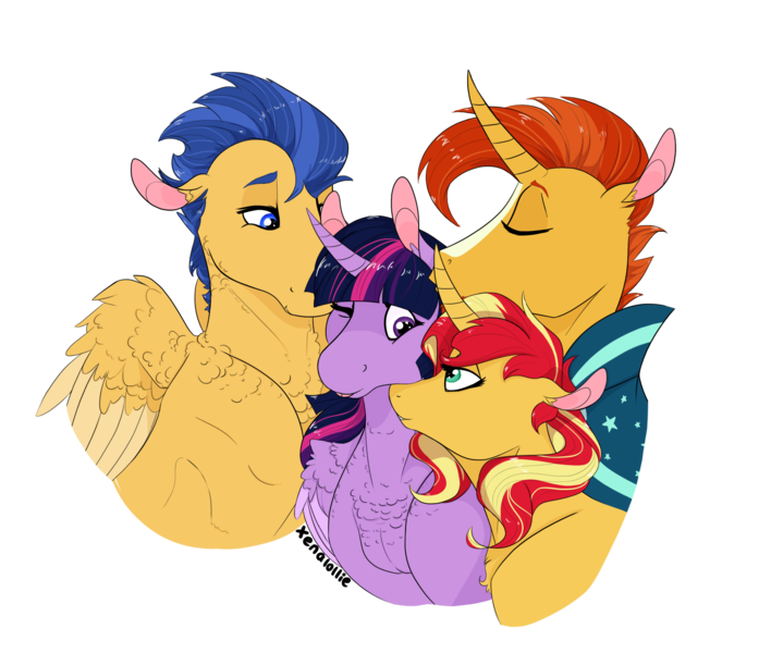 Size: 2532x2145 | Tagged: safe, artist:xenalollie, deleted from derpibooru, derpibooru import, flash sentry, sunburst, sunset shimmer, twilight sparkle, twilight sparkle (alicorn), alicorn, pony, bisexual, chest fluff, female, flashlight, high res, lesbian, male, nuzzling, polyamory, shipping, simple background, straight, sunsetsparkle, transparent background, twiburst, twilight sparkle gets all the mares, twilight sparkle gets all the stallions