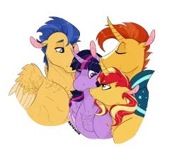 Size: 2532x2145 | Tagged: safe, artist:xenalollie, deleted from derpibooru, derpibooru import, flash sentry, sunburst, sunset shimmer, twilight sparkle, twilight sparkle (alicorn), alicorn, pony, bisexual, chest fluff, female, flashlight, high res, lesbian, male, nuzzling, polyamory, shipping, simple background, straight, sunsetsparkle, transparent background, twiburst, twilight sparkle gets all the mares, twilight sparkle gets all the stallions
