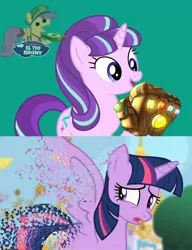 Size: 1136x1478 | Tagged: safe, artist:ponylover88, derpibooru import, starlight glimmer, twilight sparkle, twilight sparkle (alicorn), alicorn, pony, unicorn, abuse, avengers: infinity war, disintegration, exploitable meme, glimmerposting, gulaged, i don't feel so good, imminent death, infinity gauntlet, infinity war, meme, spoilers for another series, this will end in communism, twilybuse, xk-class end-of-the-world scenario