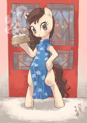 Size: 2480x3508 | Tagged: safe, artist:yanamosuda, derpibooru import, oc, unofficial characters only, earth pony, pony, bipedal, cheongsam, clothes, dress, dumplings, female, food, looking at you, mare, side slit, solo