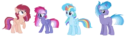 Size: 7648x2344 | Tagged: safe, artist:thesmall-artist, derpibooru import, oc, oc:colour sparkling, oc:dawn light, oc:moonstar color, alicorn, pegasus, pony, unicorn, female, magical lesbian spawn, male, mare, offspring, parent:rainbow dash, parent:sunset shimmer, parent:twilight sparkle, parents:sunsetsparkle, parents:twidash, simple background, stallion, transparent background