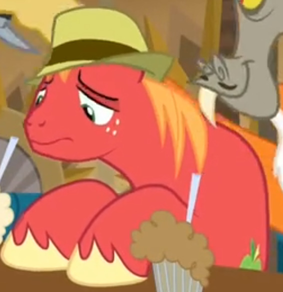 Size: 566x584 | Tagged: safe, derpibooru import, screencap, big macintosh, discord, earth pony, pony, the break up breakdown, cropped, hat, male, milkshake, missing accessory, peter new, sad, solo focus, stallion, trilby, voice actor joke