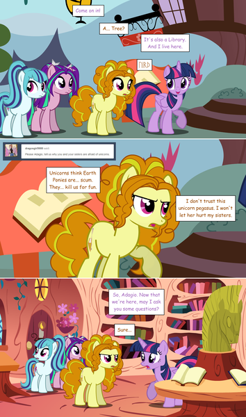 Size: 1280x2168 | Tagged: safe, artist:hakunohamikage, derpibooru import, adagio dazzle, aria blaze, sonata dusk, twilight sparkle, twilight sparkle (alicorn), ponified, alicorn, earth pony, pony, ask-princesssparkle, archaic, ask, book, futhark, golden oaks library, runes, the dazzlings, tumblr