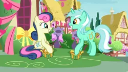 Size: 1920x1080 | Tagged: safe, derpibooru import, screencap, bon bon, lyra heartstrings, sweetie drops, earth pony, pony, unicorn, the break up breakdown, female, mare, present