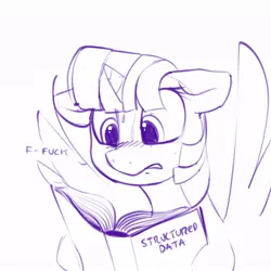 Size: 640x640 | Tagged: alicorn, artist:dimfann, blushing, book, derpibooru import, female, floppy ears, mare, monochrome, reading, simple background, solo, spread wings, suggestive, twilight sparkle, twilight sparkle (alicorn), vulgar, white background, wingboner, wings