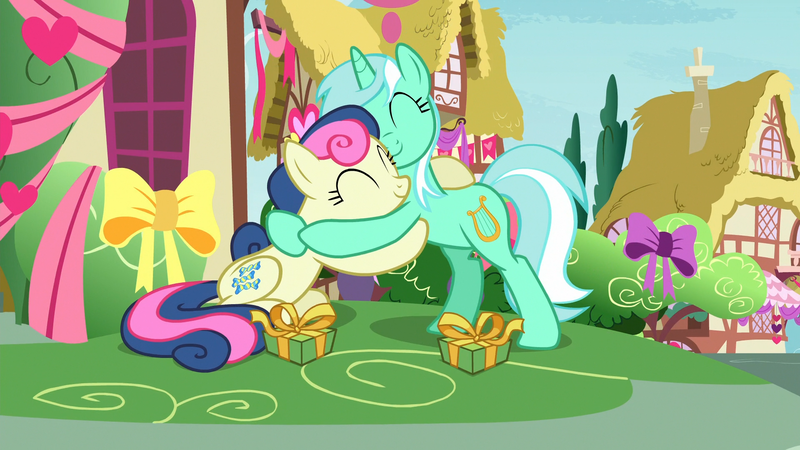 Size: 1920x1080 | Tagged: safe, derpibooru import, screencap, bon bon, lyra heartstrings, sweetie drops, earth pony, pony, unicorn, the break up breakdown, adorabon, bow, c:, canon, cute, do ships need sails, duo, eyes closed, female, hug, lesbian, lyrabetes, lyrabon, mare, present, shipping, sitting, smiling