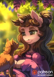 Size: 1110x1575 | Tagged: safe, artist:spirit-alu, derpibooru import, oc, cat, pony, beautiful, clothes, dress, leaves, looking at each other, manequest, patreon, patreon logo, smiling, solo