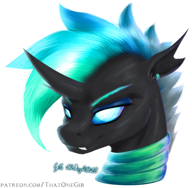 Size: 900x879 | Tagged: artist:thatonegib, bust, changeling, changeling oc, derpibooru import, ear piercing, earring, eyelashes, eyeshadow, jewelry, looking at you, makeup, multicolored hair, neck rings, oc, oc:lingwave, paint tool sai, paint tool sai 2, patreon link, piercing, portrait, safe, signature, simple background, smiling, solo, teeth, transparent background