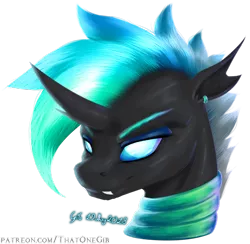 Size: 900x879 | Tagged: artist:thatonegib, bust, changeling, changeling oc, derpibooru import, ear piercing, earring, eyelashes, eyeshadow, jewelry, looking at you, makeup, multicolored hair, neck rings, oc, oc:lingwave, paint tool sai, paint tool sai 2, patreon link, piercing, portrait, safe, signature, simple background, smiling, solo, teeth, transparent background