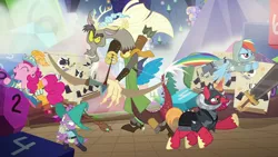 Size: 1280x720 | Tagged: safe, derpibooru import, screencap, big macintosh, discord, pinkie pie, rainbow dash, spike, draconequus, dragon, pegasus, pony, unicorn, dungeons and discords, bard, bard pie, black knight, captain wuzz, dungeons and dragons, fantasy class, female, garbuncle, helmet, horned helmet, male, mare, ogres and oubliettes, parsnip, race swap, rainbow rogue, rogue, sir mcbiggen, stallion, unicorn big mac, wizard