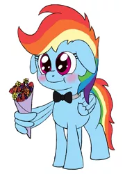 Size: 1252x1735 | Tagged: safe, artist:zaponator, derpibooru import, rainbow dash, pony, blushing, bouquet, bowtie, cute, dashabetes, female, floppy ears, mare, smiling, solo, wing hold