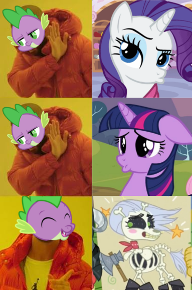 Size: 383x579 | Tagged: bone, comic, derpibooru import, dragon bones, drake, duckface, edited screencap, female, hotline bling, male, meme, rarity, safe, screencap, screencap comic, shipping, skeleton, skeleton pony, skellinore, spike, straight, the break up breakdown, twilight sparkle