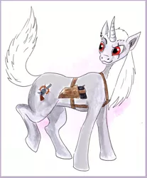 Size: 600x723 | Tagged: safe, artist:veda, derpibooru import, oc, ponified, unofficial characters only, pony, unicorn, furryguys, gun, scar, simple background, solo, traditional art, watercolor painting, weapon