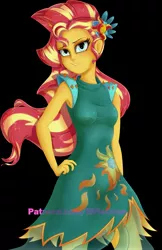 Size: 2651x4096 | Tagged: safe, artist:katakiuchi4u, derpibooru import, sunset shimmer, equestria girls, legend of everfree, armpits, black background, clothes, crystal gala, crystal gala dress, dress, female, hand on hip, looking at you, simple background, solo