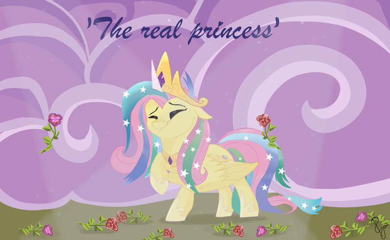 Size: 2252x1388 | Tagged: safe, artist:poowndraww, derpibooru import, fluttershy, pegasus, pony, horse play, cosplay, costume, crown, eyes closed, female, flower, jewelry, mare, regalia, rose, shylestia, solo