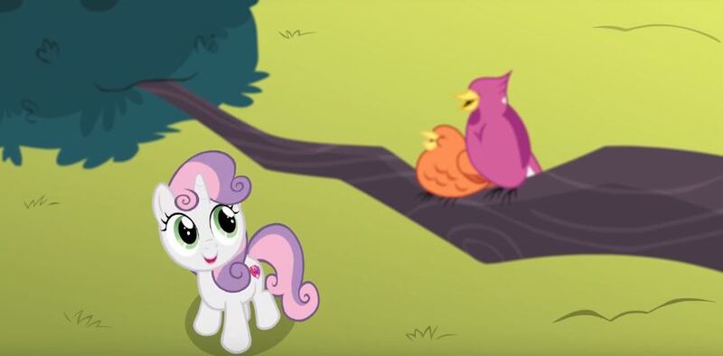 Size: 854x421 | Tagged: safe, derpibooru import, screencap, constance, sweetie belle, bird, pony, unicorn, surf and/or turf, female, filly, ground, looking up, open mouth, solo, songbird, tree, tree branch