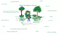 Size: 1518x880 | Tagged: safe, artist:horsesplease, derpibooru import, wallflower blush, dryad, equestria girls, 1000 hours in ms paint, behaving like a tree, blushing, christmas, christmas decoration, christmas tree, erysimum cheiri, floral head wreath, flower, holiday, ideal gf, invisible (song), meme, pun, smiling, tree, wallflower and plants, wallflower is a plant