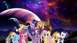 Size: 2048x1154 | Tagged: safe, derpibooru import, editor:superbobiann, applejack, capper dapperpaws, captain celaeno, fluttershy, pinkie pie, rainbow dash, rarity, sci-twi, spike, sunset shimmer, twilight sparkle, twilight sparkle (alicorn), abyssinian, alicorn, anthro, earth pony, pegasus, pony, unicorn, equestria girls, my little pony: the movie, anthro with ponies, beauty mark, cowboy hat, ear piercing, earring, female, hat, jewelry, male, mane seven, mane six, mare, piercing, pirate hat, space, twolight, wallpaper
