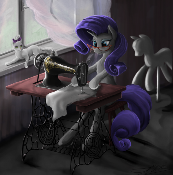 Size: 1600x1612 | Tagged: safe, artist:vladimir-olegovych, derpibooru import, opalescence, rarity, cat, pony, unicorn, dress form, eyeshadow, female, glasses, makeup, mannequin, mare, sewing machine, sitting, window, working