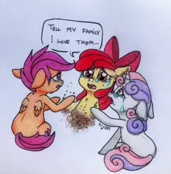 Size: 2298x2346 | Tagged: safe, artist:ameliacostanza, derpibooru import, apple bloom, scootaloo, sweetie belle, earth pony, pegasus, pony, unicorn, avengers, avengers: infinity war, crying, cutie mark crusaders, dialogue, disintegration, dying, ear fluff, female, filly, floppy ears, frown, gradient background, holding hooves, i don't feel so good, imminent death, lidded eyes, marvel, marvel cinematic universe, nose wrinkle, on back, open mouth, reaching, sad, series finale, sitting, speech bubble, spoilers for another series, traditional art, wide eyes