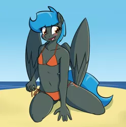 Size: 812x818 | Tagged: anthro, anthro oc, artist:whatsapokemon, bikini, blushing, breasts, clothes, delicious flat chest, derpibooru import, explicit source, female, mare, nipples, nudity, oc, oc:jade shine, pegasus, solo, solo female, string bikini, suggestive, swimsuit, unofficial characters only