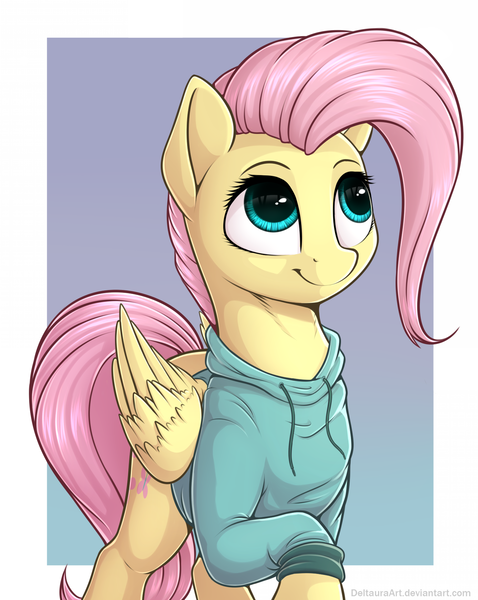 Size: 1392x1748 | Tagged: safe, artist:deltauraart, derpibooru import, fluttershy, pegasus, pony, bottomless, clothes, cute, female, gradient background, hoodie, mare, partial nudity, shyabetes, smiling, solo, sweater, sweatershy