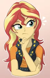 Size: 550x850 | Tagged: safe, artist:ta-na, derpibooru import, sunset shimmer, equestria girls, equestria girls series, clothes, female, hand on cheek, jacket, leather jacket, solo, thinking