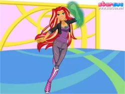 Size: 800x600 | Tagged: safe, artist:tychotma-1, derpibooru import, sunset shimmer, equestria girls, crossover, dc comics, dc superhero girls, fiery shimmer, fire, grin, smiling, solo, starfire, starsue, teen titans