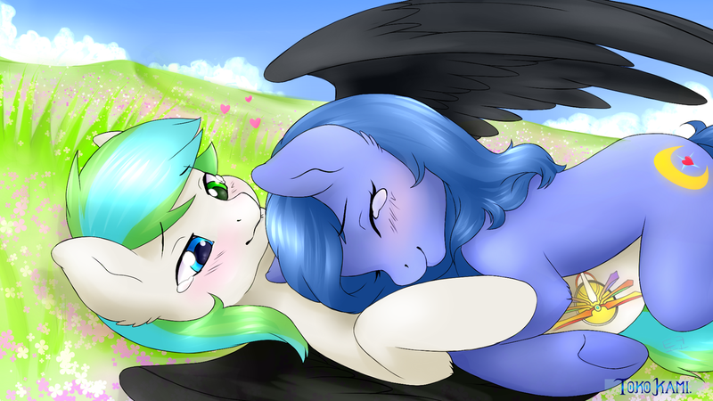 Size: 1280x720 | Tagged: safe, artist:tokokami, derpibooru import, oc, oc:looic, oc:shadow blue, unofficial characters only, earth pony, pegasus, pony, black wings, blue eyes, blue fur, blue mane, blushing, commission, crying, cuddling, cute, cutie mark, eye contact, female, flower, grass, heart, looking at each other, love, male, oc x oc, raised hoof, shadooic, shipping, straight, tears of joy, tree, white fur, wings