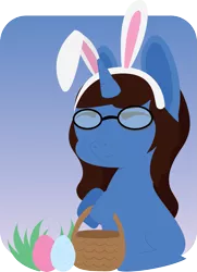 Size: 1443x1989 | Tagged: safe, artist:lordswinton, derpibooru import, oc, oc:11newells, rabbit, unicorn, basket, blue, commission, cute, easter, egg, glasses, holiday, present, solo, ych result