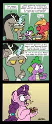 Size: 1309x3108 | Tagged: safe, artist:bobthedalek, derpibooru import, big macintosh, discord, spike, sugar belle, draconequus, dragon, earth pony, pony, unicorn, the break up breakdown, bad end, choking, comic, didn't think this through, eeyup, female, food, green background, grimderp, male, mare, pie, reality ensues, simple background, stallion, unamused, vein bulge, yellow background