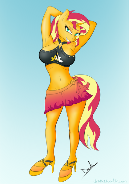 Size: 3000x4300 | Tagged: suggestive, artist:drakxs, derpibooru import, sunset shimmer, anthro, unguligrade anthro, equestria girls, equestria girls series, forgotten friendship, arm behind head, armpits, bedroom eyes, belly button, big breasts, bikini, bikini top, breasts, busty sunset shimmer, clothes, female, grin, high heels, hips, lidded eyes, long hair, looking at you, midriff, sarong, sexy, shoes, simple background, skirt, smiling, solo, solo female, swimsuit, thighs